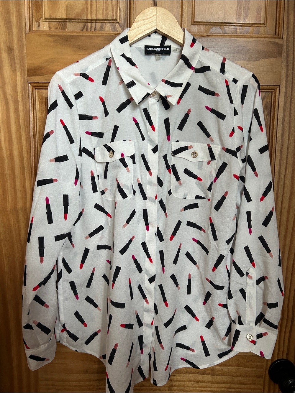 Karl Lagerfeld White Button-Up Blouse with Black & Pink Lipstick Print